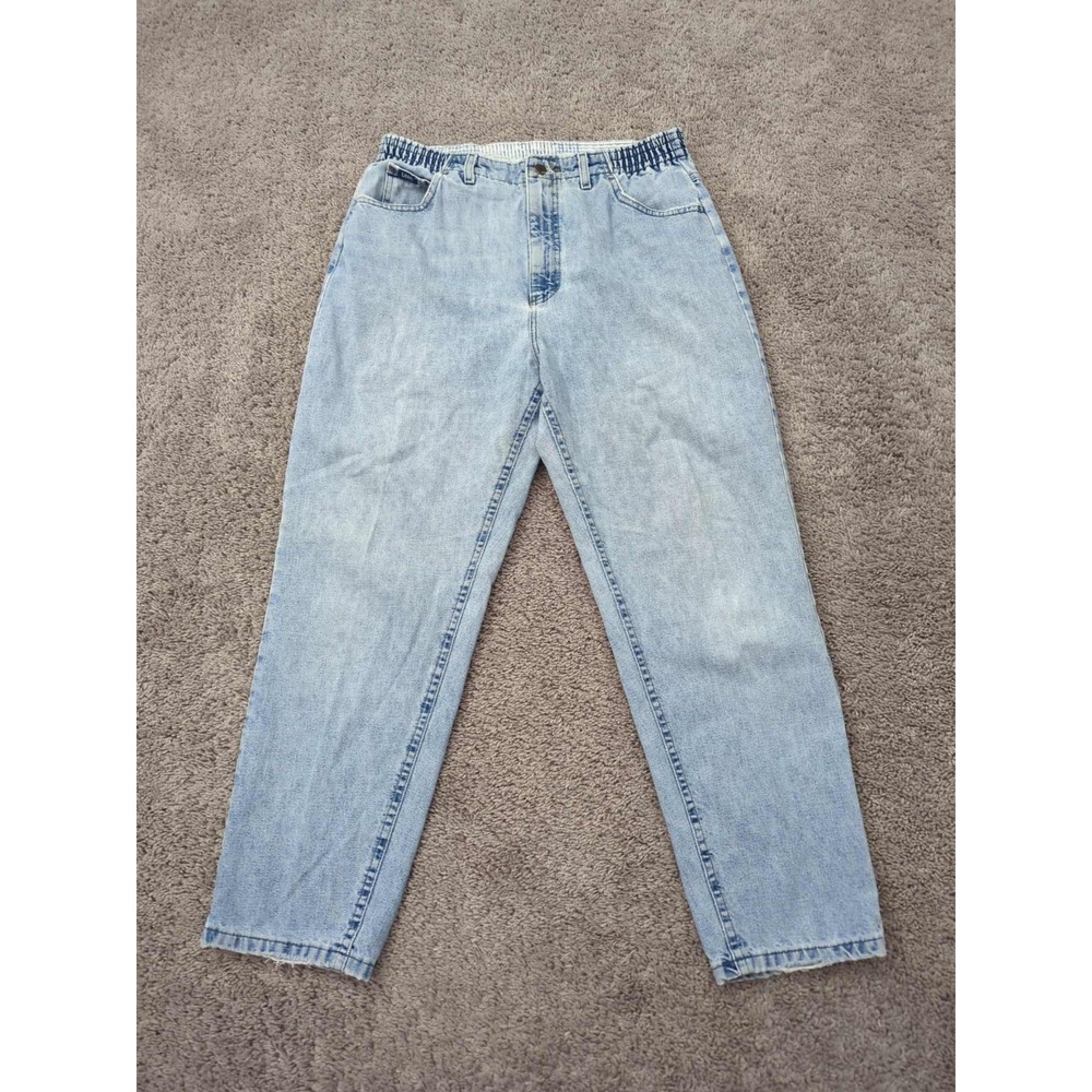 Vintage Lee Mom Jeans Womens 12 Blue Elastic Waist High Rise Tapered Made in USA